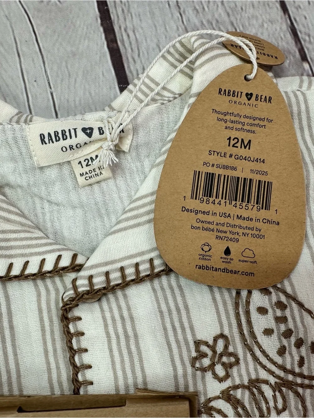 rabbit + bear organic cotton 3pc shorts set 12M neutral stripes embroidered trim